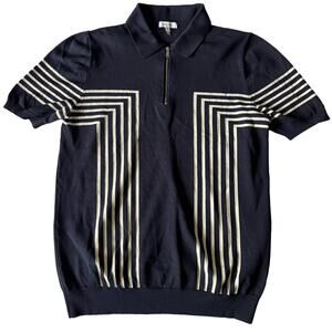 REISS Half Zip Knit Polo Men's Blue White Stripe Short Sleeve Size S